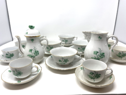 Herendi zöld virág mintás porcelán kávés és teás készlet kávé és tej kiöntővel 26 db -CZ
