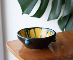 Hungarian retro ceramic ikeabana bowl - pot, flowerpot - yellow and green - craftsman designer work