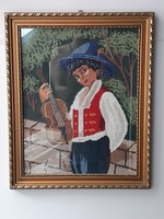 Cigány fiú hegedűvel nagyméretű gobelin életkép arany keretben