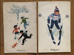 2 db Aranyos Újévi képeslap -  Kecskeméty Károly  rajz