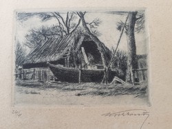 Koch Ernő (1898-1970): Csónak a kunyhó előtt - régi számozott rézkarc