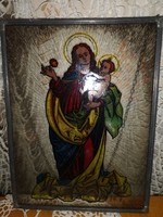 Festett üveg szentkép ón keretben falikép