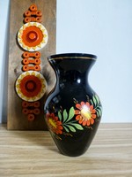 Retro black glass vase painted in vintage gold