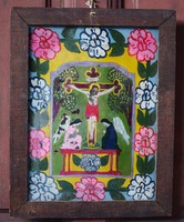 Antique painted Transylvanian glass icon of Jesus Christ on the cross