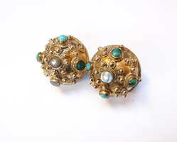 Antique gilded silver button badge with turquoise and mother of pearl.