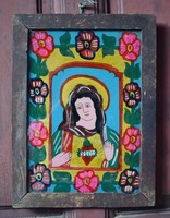 Antik festett erdélyi üveg kép Szűz Mária ikon keretezett eredeti formában 46,5x37 cm magyar néprajz