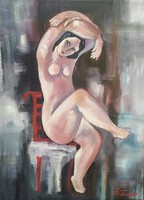 Stylish, cubist nude. Woman in red chair.