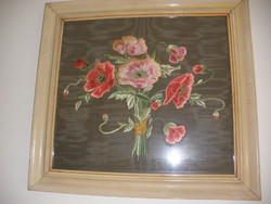 Antique beautiful poppy silk needle painting