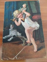 Antique postcard, little girl playing, 1918, streifzug des k.U.K. 4 Corps