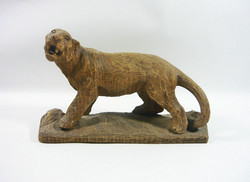 Panther big cat signed 22 cm hand-carved wooden sculpture, flawless! (F021)