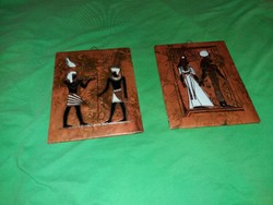 Régi Egyiptom kézzel festett bőr borítású hieroglif jelenetes kép pár  21cm / db egybe képek szerint