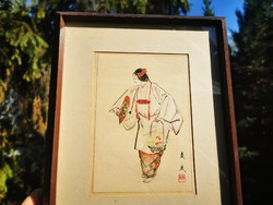 Geisha with flowers, old Japanese drawing