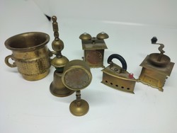 Old copper miniatures mortar, iron, clock, telephone, etc.