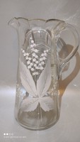 Antique enamel painted torn lilac handmade huta glass pouring jug
