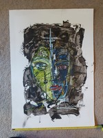 Festmény, karton, 50x70 cm, vegyes technika, vagy olaj, 1989-ből, szignós