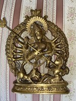 Hindu durga copper statue - durga stabs the buffalo demon mahisaura