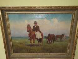 Garantáltan eredeti Krupka Ferenc festmény Hortobágyi lovas
