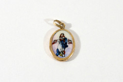 Antik Szűz Mária Angyalokkal 14K Arany Kézzel Festett Porcelán Medál