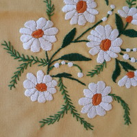 Needlework - hand embroidered daisy yellow tablecloth, centerpiece