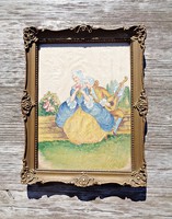 1930 körüli selyemre festett romantikus jelenet keretben