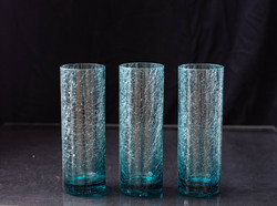 Retro karcagi (berekfürdői) fátyolüveg poharak - 3 kék pohár repesztett üveg / váza