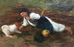 PESKE GÉZA / 1859 - 1934 /:Kutyával játszó kisfiú,olaj vászon