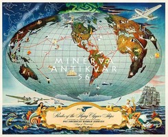 Vintage world map reprint panama flights land continents mermaid poseidon sailboat flying 1941