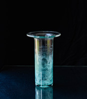 Retro Karcag (Berekfürdő) veil glass cylindrical vase - rare turquoise blue shattered glass vase