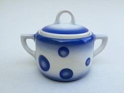Old granite blue polka dot vintage eared sugar bowl with bonbonier lid