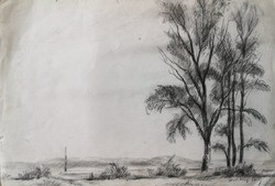 Gyula Rudnay: landscape in Bábony. Graphics paper.