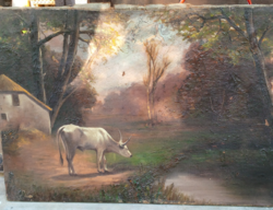 Antique painting, gray cattle next to the barn