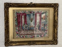 Antique wooden picture frame with needle globe inside.