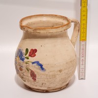 Hódmezővásárhely, white glazed, colorful floral folk ceramic milk jug (1951)