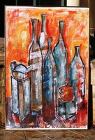 Kortárs művész (M.O jelzéssel): Üvegek, 2003 - nagy méretű festmény, keretezve