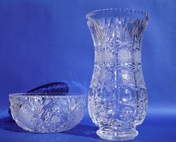Régi Bohémia Cseh csehszlovák kristály váza és mély kínáló tál szett együtt