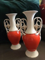 Porcelain vase pair, xix.Sz. Czech, hand-painted, gilded, 30 cm high.