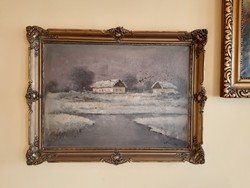 Dallos: winter farm landscape around 1920 in large oil canvas blondel frame