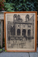 Gyula Conrád, etching in the market square of Genoa