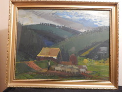 Luzsicza Lajos festménye (Hegyi táj birkákkal, házikóval)