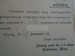 D185420 Kőszeg város Elektromos Műve  Áramfogyasztás  1929    -2.90 Pengő  Domján  Jánosné