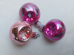 Retro üveg karácsonyfadísz rózsaszín behúzott gömb 3 db