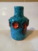 Judit Bártfay - turquoise vase with orange decor flawless, marked 16 cm