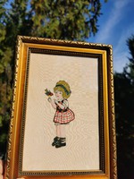 Little girl with bird, antique silk painting