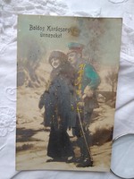 Antik színezett karácsonyi képeslap, hölgy, úr karddal egyenruhában, téli táj 1915