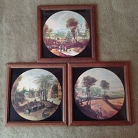 3 prints in antique wooden frame, 21.5 x 21.5 cm