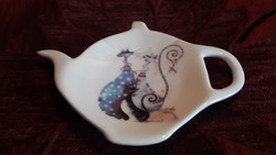 Macskás porcelán tálka, teafiltertartó tányérka
