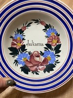 Julianna feliratú Apátfalvi tányér ! Népi festett keménycserép falitányér!