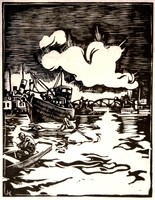 Árpád Kocsis (1914-1985): harbor scene - linoleum engraving, framed