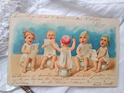 Antik hosszúcímzéses dombornyomott, litho/litográfiás képeslap, bilin éneklő babák 1905