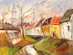 Grabner József (1940): Sopron, Ikva patak menti házak - akvarell, keretezve